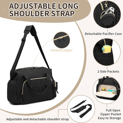 Fwkekye Diaper Bag Tote, Crossbody Large Travel Baby Bag for boys & Girls with Changing Pad & Pacifier Case, Black