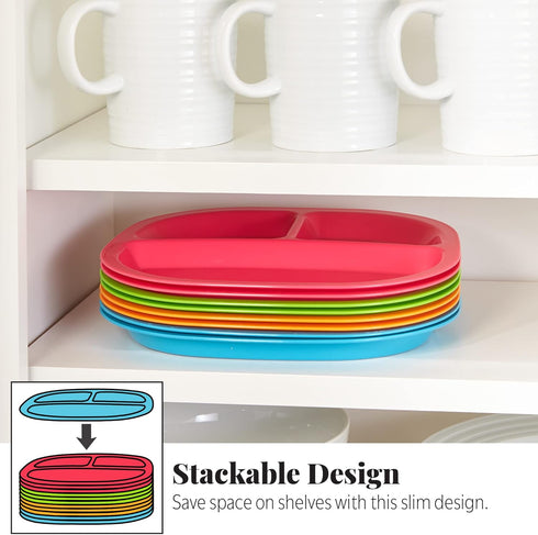 US Acrylic Harmony 3-Compartment Kids Tray Set of 12 - 4 Calypso Colors, BPA-Free, Dishwasher Safe