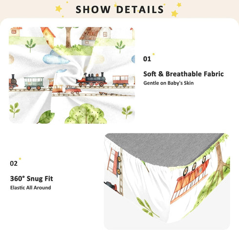 CZXW 52" 28" Watercolor Trains Airplanes Houses Crib Sheets Fitted x Natural Cotton Soft & Breathable for Baby Crib