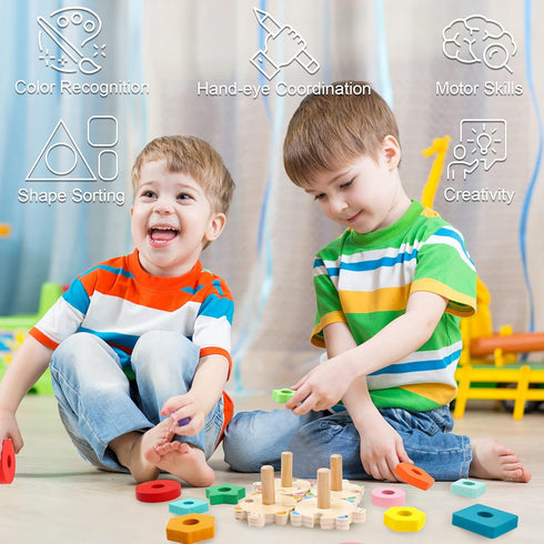 WOOD CITY Stacking Toys for Toddlers 1-3, Montessori Shape Sorter Baby Toys, Educational Puzzle Toys