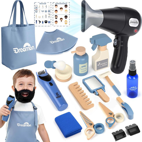 Barber Shop Pretend Play Set, Kids Shaving Kit Wooden Hair Salon Toys