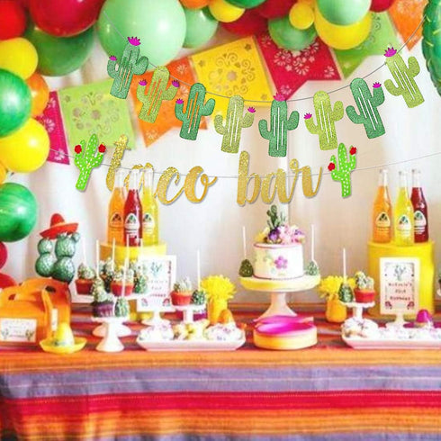 2 Set Fiesta Taco Bar Cactus Banner Garland, Gold Green Glittery Banner for Mexican Fiesta Party