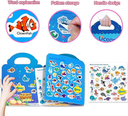 Reusable Sticker Book for Kids - Ocean Stickers Educational Learning Toys Travel Activity Books for Toddler Girls