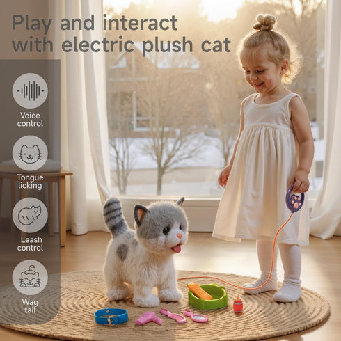 3 4 5 6+ OR OR TU Walking Toy Cat with Remote Control Leash, Plush Cat Electronic Interactive Toys for Kids, Shake