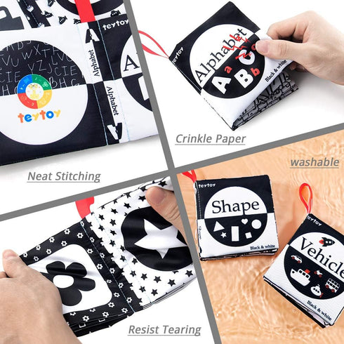 6 teytoy My First Soft Book, PCS Nontoxic Fabric Cloth Activity Crinkle Black and White Books for Infants Boys