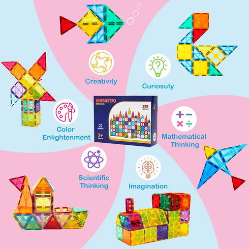 Ryoichi 138PCS Set 2 3-9+ Magnetic Building Tiles with Cars, STEM Educational Construction Blocks & Montessori Learning