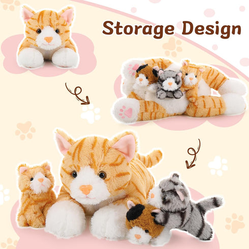 Muiteiur 4 Piece Cats Stuffed Animals - 15.7 inch Mom Plush Cat with 3 Kittens in Zipper Pouch, Cute Gift