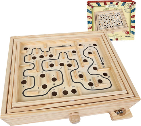 Wooden Labyrinth Game - Marble Ball Tilt Maze Board Game, Table Balance Game and Toy for Kids and Adults