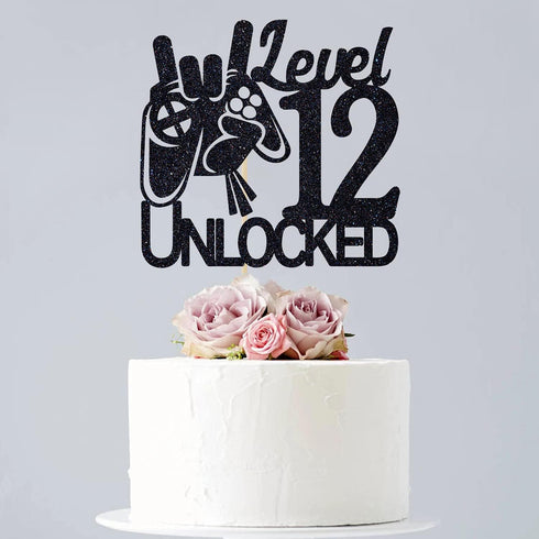 Cos mos Video Game Level 12 Unlocked Birthday Cake Topper, Black Glitter Decorations for 12th Birthday Party