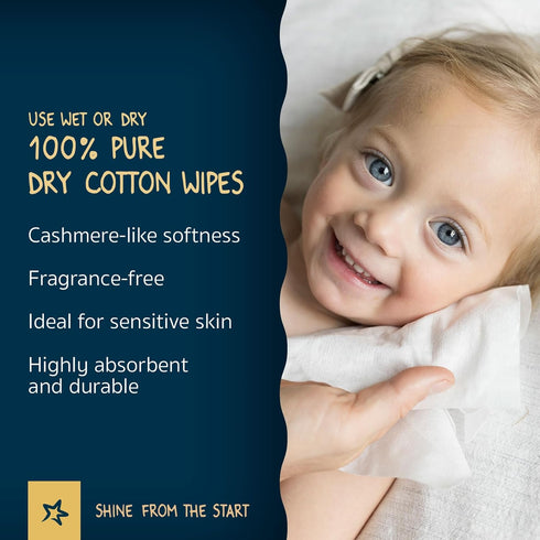 100% 480 Count Tiny Twinkle Cotton Dry Wipes for Baby | | Use Wet or Dry | Scent Free (Fragrance-Free), Hypoallergenic