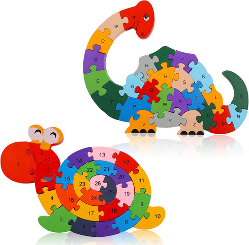 LovesTown 2 PCS Wooden Animal Puzzles - Alphabet Building Blocks for Preschool Letters and Numbers