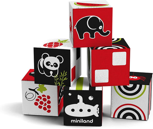 Miniland First Senses 6 Cubes, Soft Baby Building Cloth Blocks for Infants 9 to 18 Months, Safe Travel Toy
