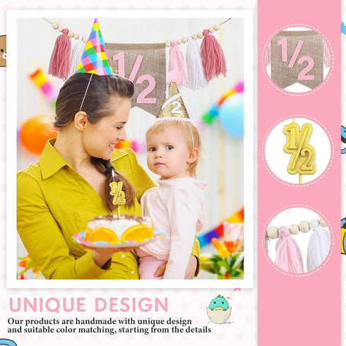 1/2 6 Silipull Birthday Supplies Includes Half Birthday High Chair Banner and Hat Gold Candle Cake Topper Months Tassel