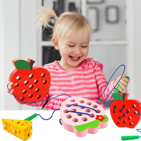 Wooden Lacing Toys for Toddlers - Montessori Educational Learning Fine Motor Skills Travel Toys for Boys Girls Ages 3+
