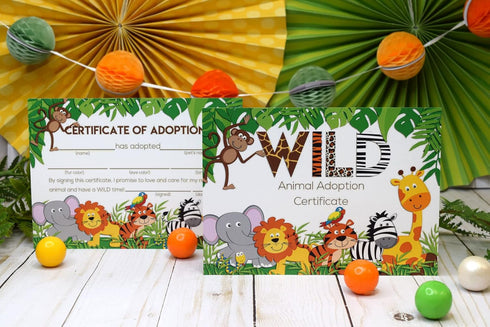 Jungle Wild Plush Pet Stuffed Animal Adoption Certificates, 10 Fill in Cards 5"x7" by AmandaCreation