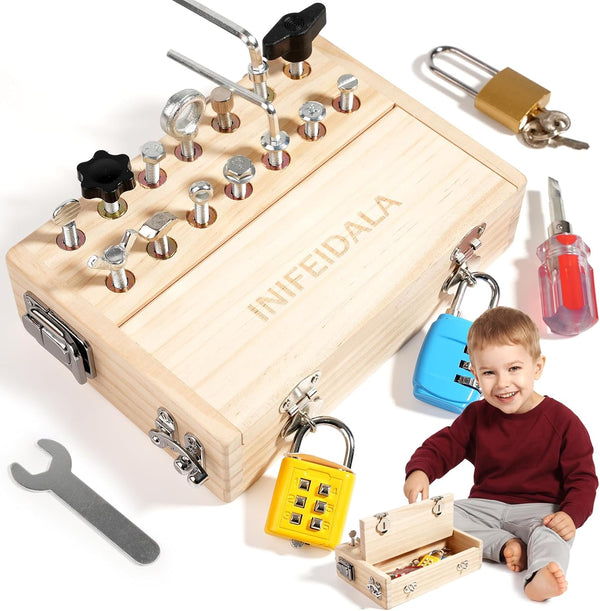 INIFEIDALA Montessori Busy Board - Wooden Sensory Activity Toy for 3-5 Year