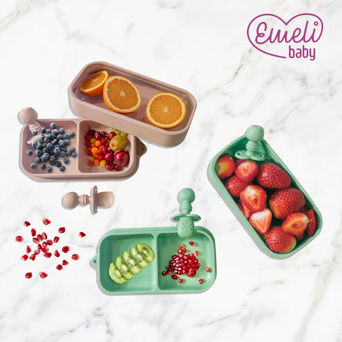 Silicone Baby Suction Travel Plate with Training Utensils, 4 Piece Set with Plastic Cover for Baby-Led Weaning
