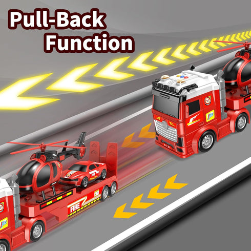 DWIRCTOYS 3 4 5 6 7 8 25" Kids Toys for Ages Years Old Boys, Large Fire Semi Truck with Helicopter & Race Car, Friction