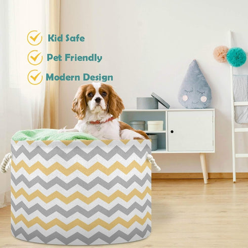visesunny Grey and Yellow Plaid Chevron Collapsible Basket Storage Bin with Durable Cotton Handles, Home Organizer for