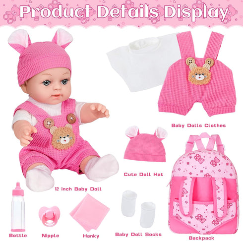 12" Backpack Box,12 Inch 3+ Baby Doll With Bear Pattern Carrier In Gift Realistic Baby Dolls With Clothes