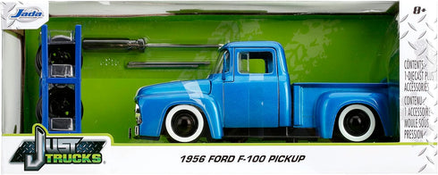 1:24 1956 F-100 Jada Just Trucks Ford Die-cast Car Blue/White Stripes with Tire Rack, Toys for Kids and Adults