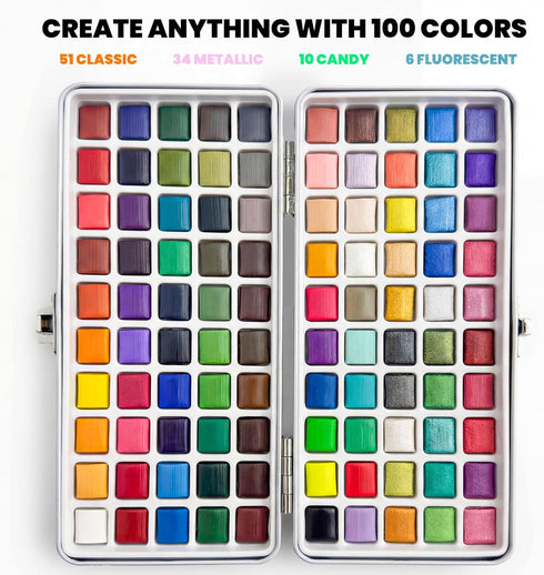 100 Set,Travel Set JusArt Colors Watercolor Paint Watercolor with Handbag,Art Supplies with Metallic Color, Detail