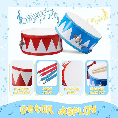 2 Set, 8 Inch 4 Boao Pcs Kids Drum Toddler Drum Wooden Toy with Adjustable Strap and Drumsticks, Educational Sensory