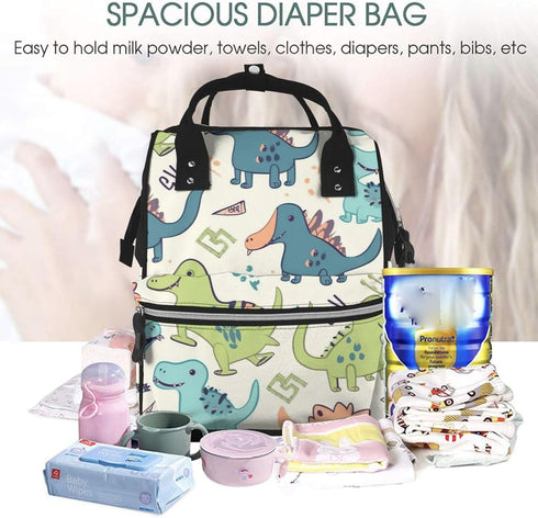 QSMJKLD Backpack Mommy Daypack Cute dinosaur Diaper Bag with Changing Pad, Pacifier Holder - Multifunction Travel Nappy