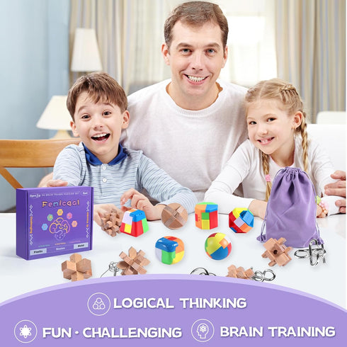 Brain Teaser Puzzles for Adults and Kids - 18Pcs Puzzle Games Set, 3D Wooden Plastic Metal IQ Test Toys