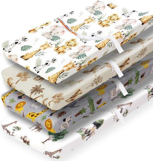 FIGEPO 4 Pack Safari Jungle Animals Neutral Unisex Fitted Nursery Baby Sheets Set