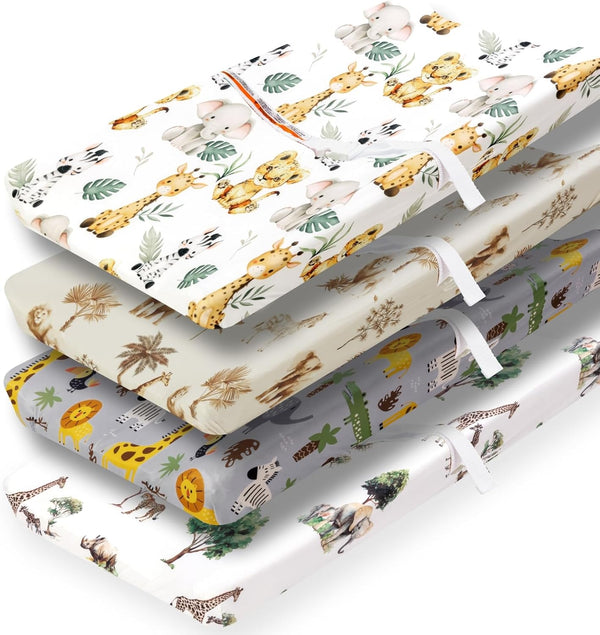 FIGEPO 4 Pack Safari Jungle Animals Neutral Unisex Fitted Nursery Baby Sheets Set