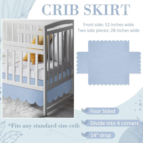 Hahafelt 28"x 52" 14" 4-Sided Blue Scalloped Crib Skirt with Drop Pleated Dust Ruffle with Split Corners for Baby Boys