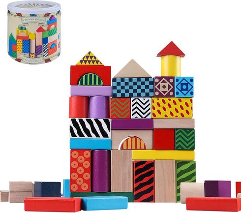 Offelec 50 Pcs Wooden Building Blocks Set with Storage Bucket, Montessori Stacking