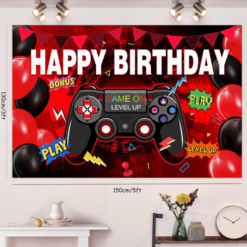 Video Game Birthday Party Decorations, Red and Black Gamer Supplies, Happy Birthday Backdrop, Cake Topper
