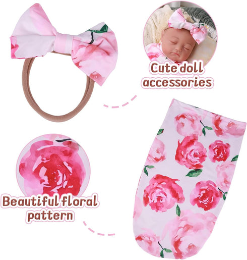 BABESIDE Reborn Baby Doll Blanket with Doll Headband for 17-22 Inch Babydolls, Baby Doll Accessories Baby Doll Wrap Towel Set for Realistic Baby Dolls Girl, Pink Floral Pattern