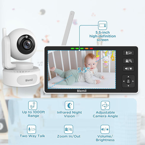 Blemil 5.5" 4000mAh Baby Monitor, HD Split-Screen with Battery, Panoramic Zoom Video Baby Monitor with Camera