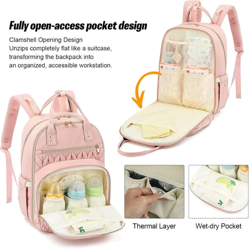 Kouxunt Backpack Quilted Baby Diaper Bag for Women, Baby Girls Boys Nappy Bags with Stroller Straps Insulated Pockets