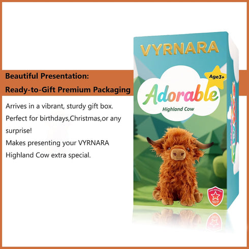 VYRNARA 10.5 Inch Highland Cow Stuffed Animal Plush Toy by - Cute Fluffy Brown Plushie - Soft PP Cotton Farm Animal