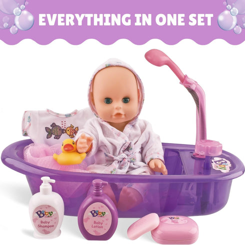 13-Inch Set Liberty Imports Baby Bath Toys Little Newborn Doll Bath - Real Working Bathtub with Detachable Shower Spray