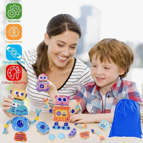 28-Piece 36 Robots Wooden Snap-Together Building Toys STEM Montessori Educational Blocks for Toddlers Ages | Fine Motor