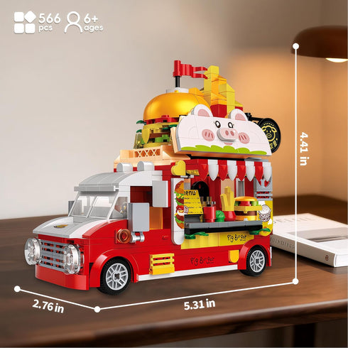 ecpoteny Set, 566PCS Playset 6+ Piggy Burger Truck Mini Building Creative Fast Food Truck City Car Toy, Imaginative