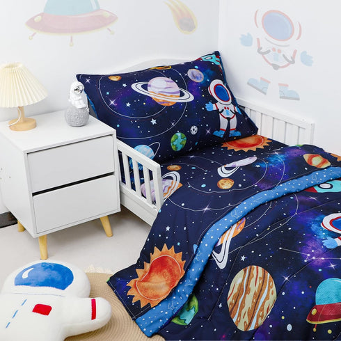 Set Set, 4 Sets SWESEN Toddler Bedding for Boys, Blue Space Toddler Boy Bedding Soft & Lightweight Piece Toddler