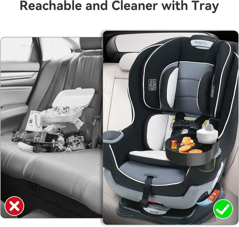 Car Seat Cup Holder Snack Tray Black, Toddler Travel & Road Trip Essentials Accessory for Mess-Free Snacking in the