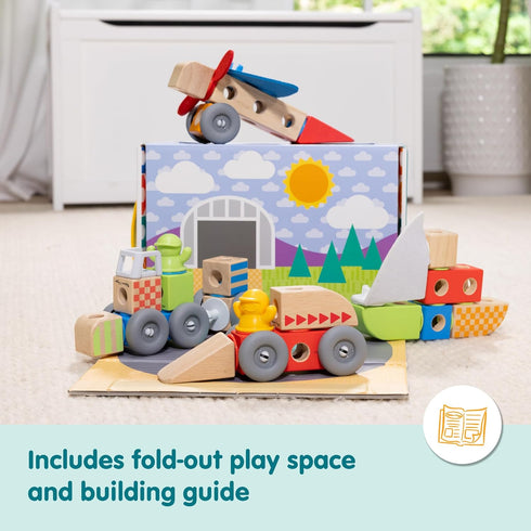 Set (54 Melissa & Doug Blockables Vehicles Snap and Play, Mix and Match Connectable Wooden Building Blocks Play Toy