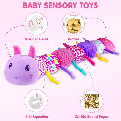 Baby Toy for 0-12 Months, Musical Stuffed Animal with Crinkle, Rattle & Textures - Caterpillar, Purple Birthday Gift
