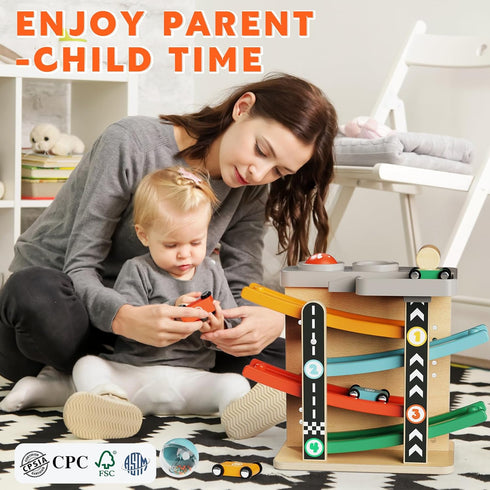 1-3: 2-in-1 Hammer 4 1 2 3 Wooden Car Ramp Toy for Toddlers Pound a Ball Toy with & Cars - Montessori Educational Race