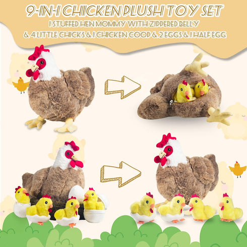 9 1 in Chicken Stuffed Animal, Stuffed Chicken Toys for Kids Zippered Egg Laying Hen Plush with Baby Chicks, Eggs