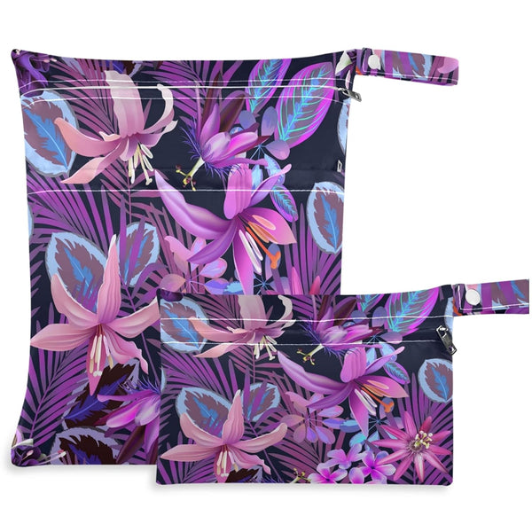 visesunny Tropical Purple Flower Palm 2Pcs Wet Bag with Zippered Pockets Washable Reusable