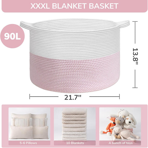 21.7" 21.7" 13.8", INDRESSME XXXLarge Storage Basket with Handle, Pink Laundry Basket for Nursery Stuffed Animal