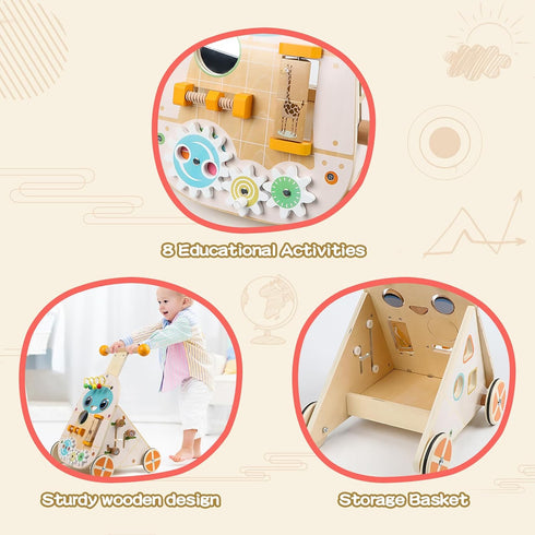 Wooden Baby Walker, Adjustable Speed Push and Pull Learning Activity Walker, Toddler Activity Center Toys